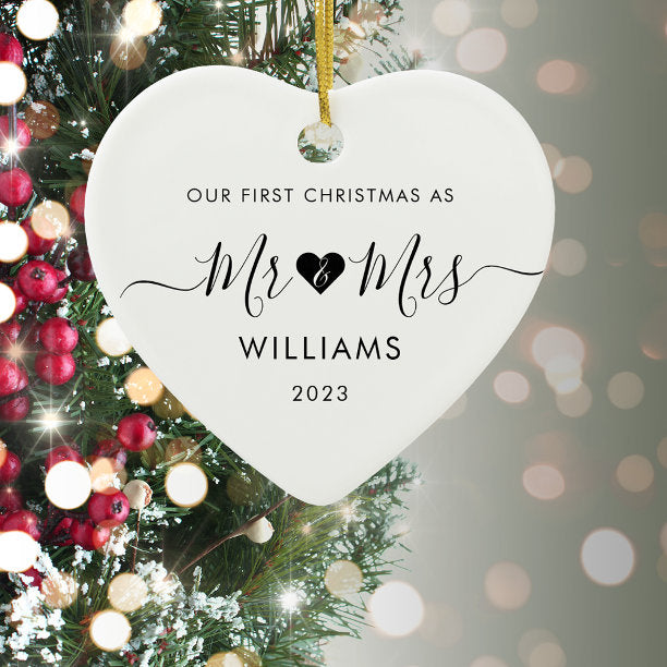 1st Christmas Married Mr Mrs Simple Heart Photo Ceramic Ornament