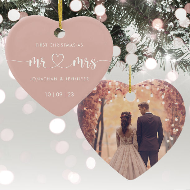 1st Christmas Mr and Mrs Wedding Photo Ceramic Ornament