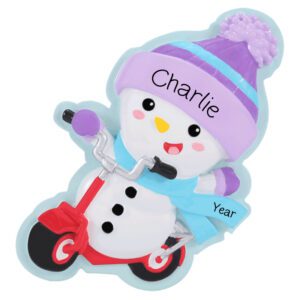 Personalized Snowman Wearing Purple Hat Riding Red Scooter Ornament
