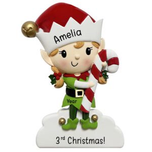 Baby GIRL’S 3rd Christmas Elf Holding CANDY CANE Personalized Ornament