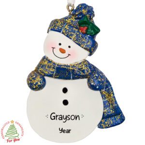 Snowman Wearing BLUE Striped Scarf & Hat Glittered Ornament