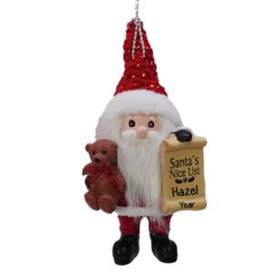 Personalized 3-D Santa Nice List Ornament – Handcrafted Resin with TEDDY BEAR & Scroll
