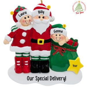 New Baby Family Of Three Santa And Mrs. Claus Personalized Ornament