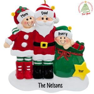 Family Of Three Santa And Mrs. Claus Personalized Ornament