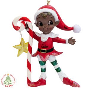 Personalized African American Elf Child Holding CANDY CANE Ornament