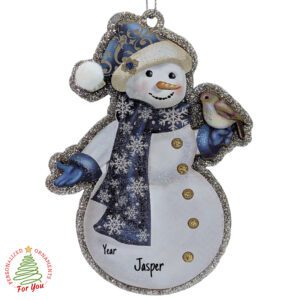 Personalized Wooden Snowman Ornament with BIRD – Rustic Christmas Keepsake