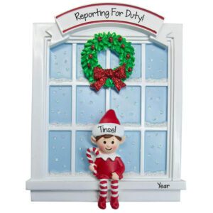Personalized Elf On Window Christmas Glittered Ornament