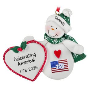 Personalized America 250 Snowman Heart Christmas Ornament