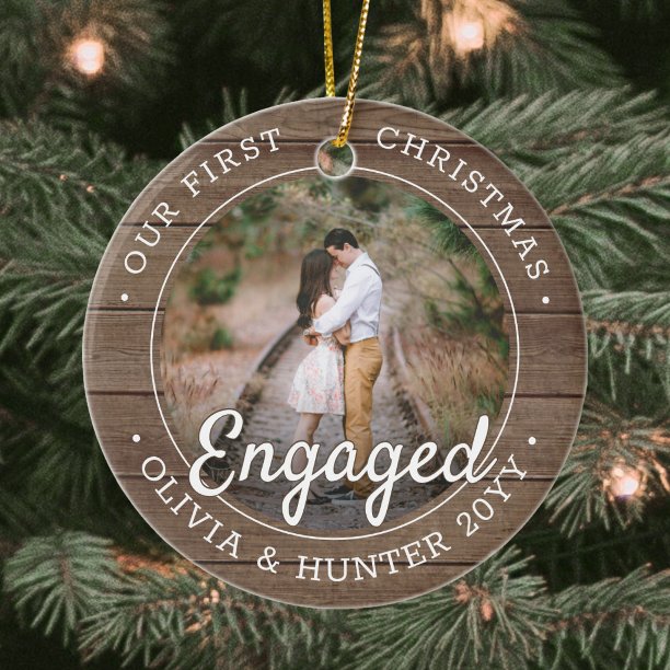2 Photo First Christmas Engaged Rustic Faux Wood Ceramic Ornament