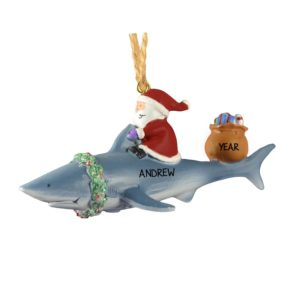 Santa Riding A Shark With Glittered Wreath Ornament