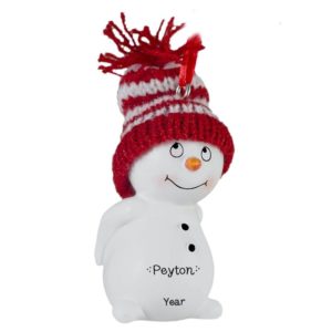 Snowman Wearing Knitted Hat Arms Behind 3-D Ornament
