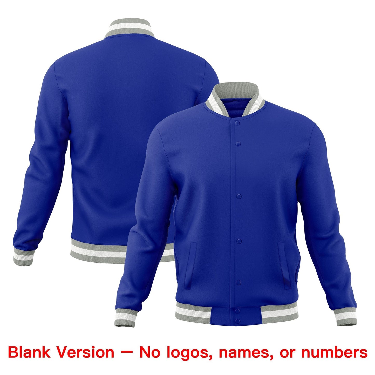 Custom Royal Blue Gray White Jacket Classic Style Full-Snap Club & Spirit Wear Breathable