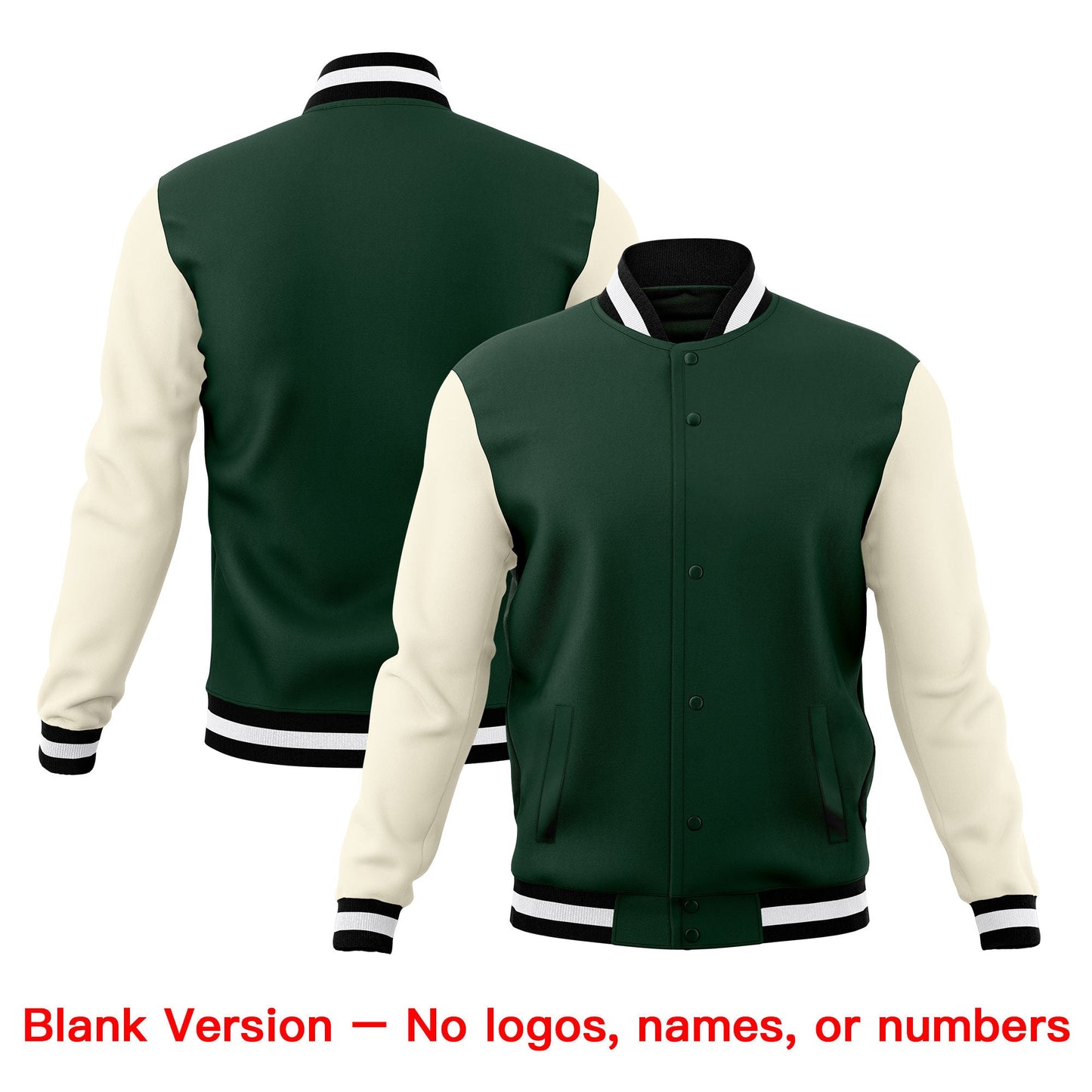Custom Green Black White Jacket Classic Style Full-Snap Club & Spirit Wear Wrinkle-Resistant