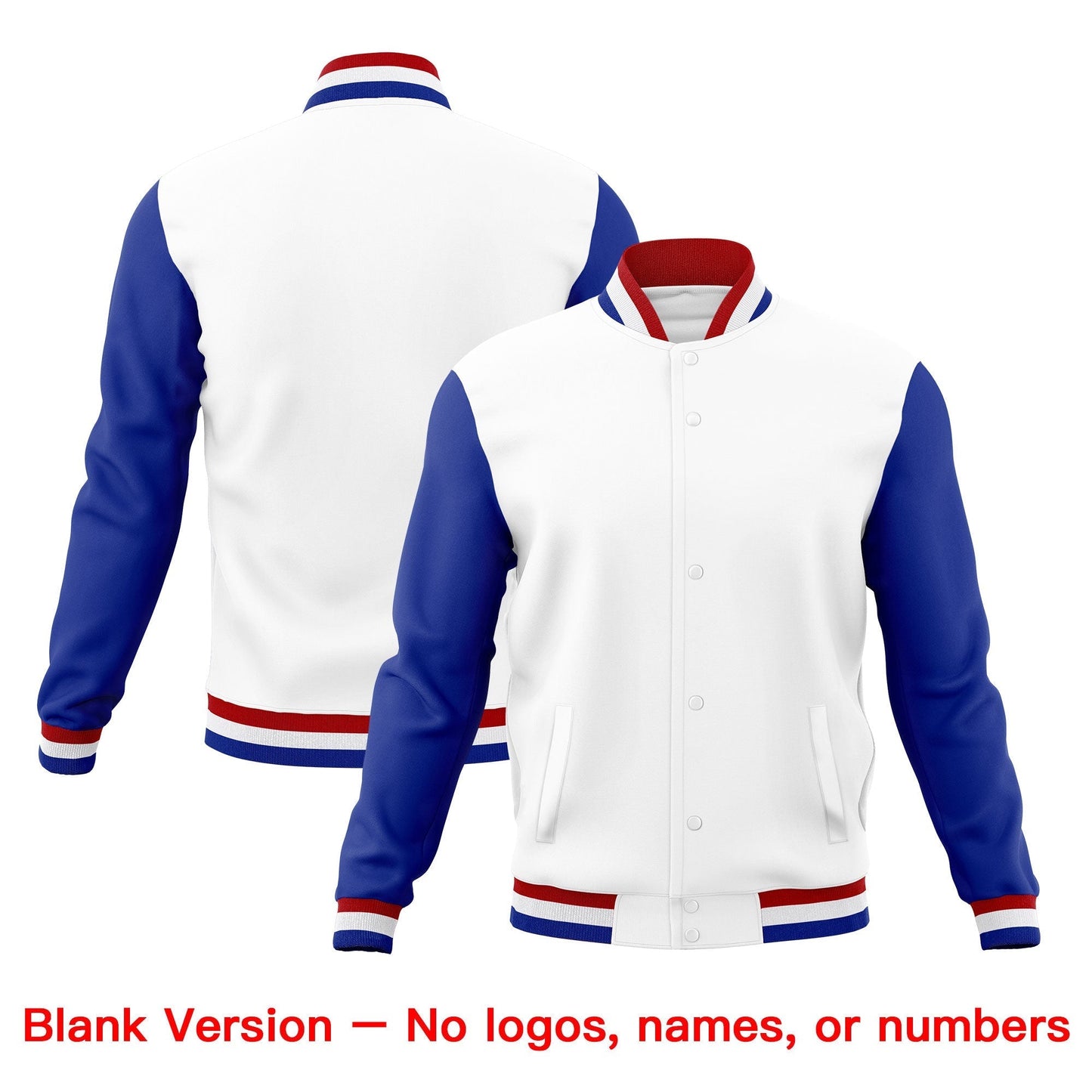 Custom White Red Royal Blue Jacket Classic Style Full-Snap Club & Spirit Wear Breathable