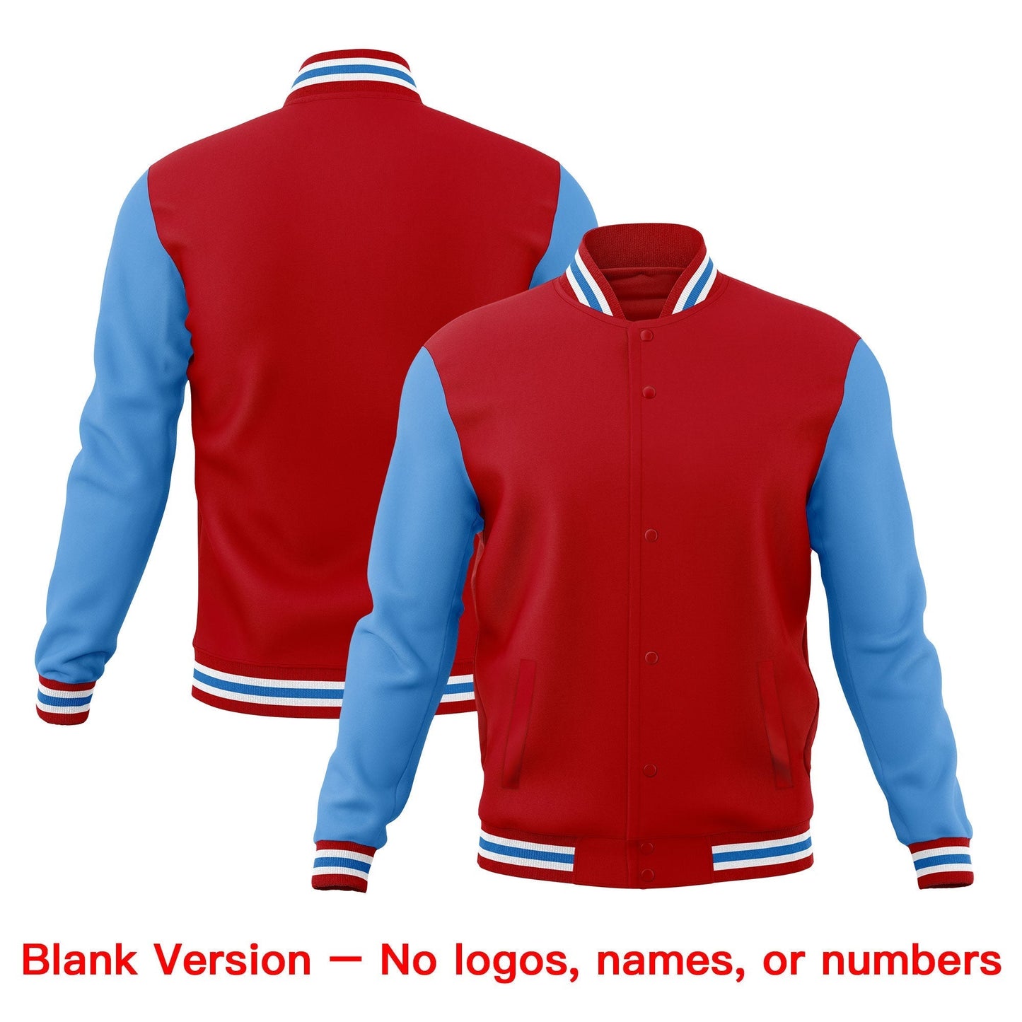 Custom Red White Light Blue Jacket Classic Style Full-Snap Club & Spirit Wear Breathable