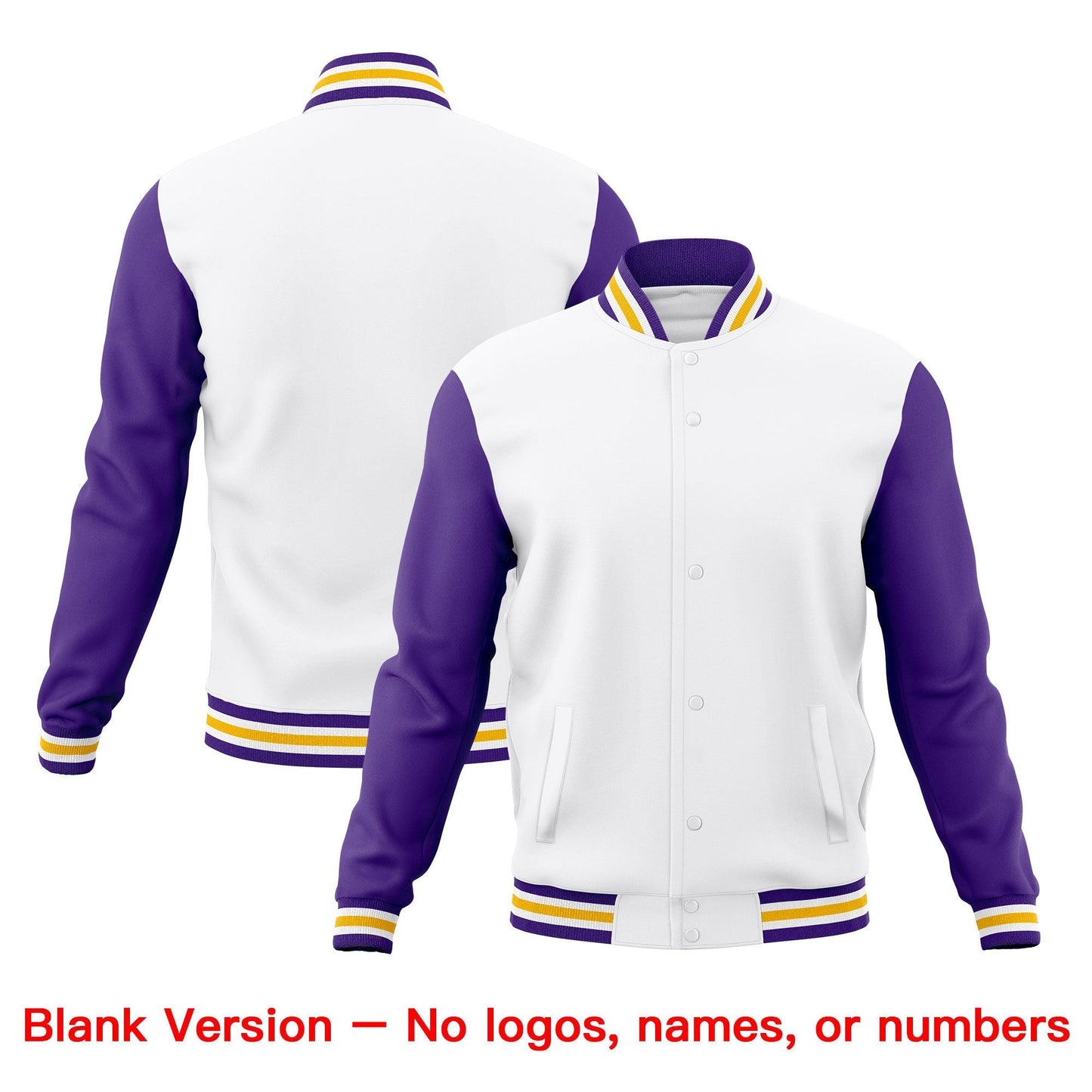 Custom White Purple Gold Jacket Classic Style Full-Snap Club & Spirit Wear Wrinkle-Resistant