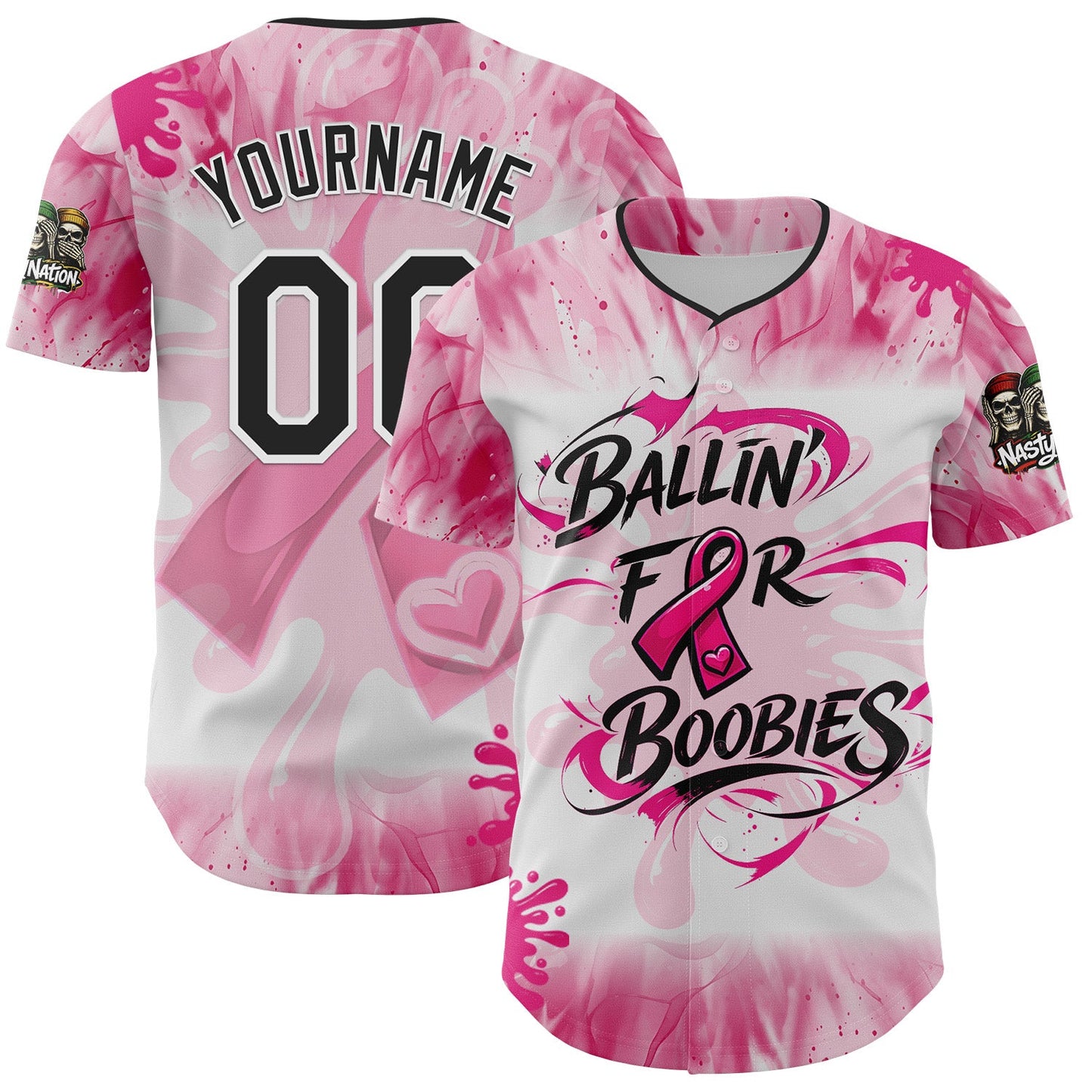 Custom Tie Dye Black Pink-White 2026 Nasty Nation Paintball Breast Cancer Authentic Baseball Jersey