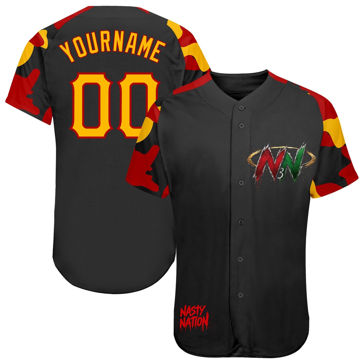 Custom Black Gold-Red Nasty Nation Camo Authentic Baseball Jersey