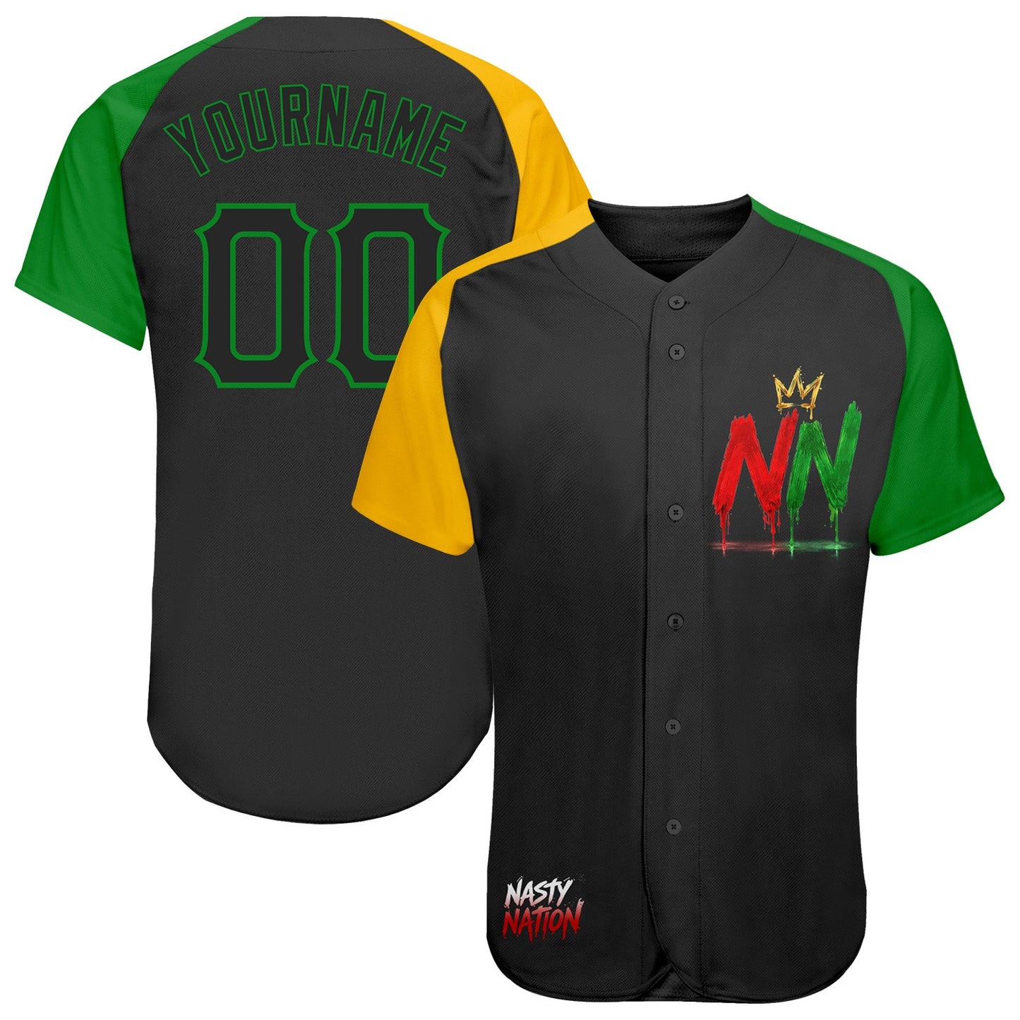 Custom Black Gold-Grass Green Nasty Nation Streetwear Authentic Baseball Jersey