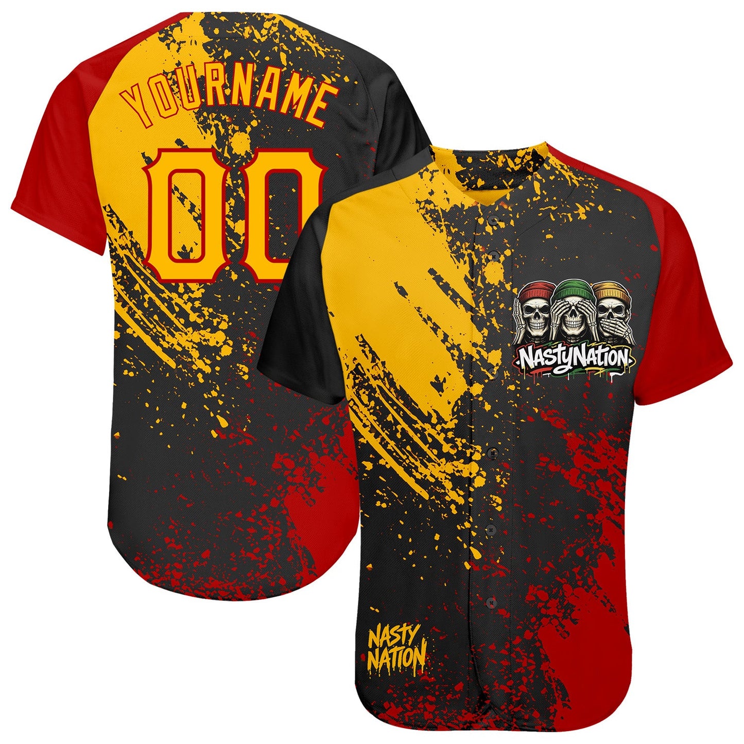 Custom Black Gold-Red Nasty Nation Streetwear Authentic Baseball Jersey