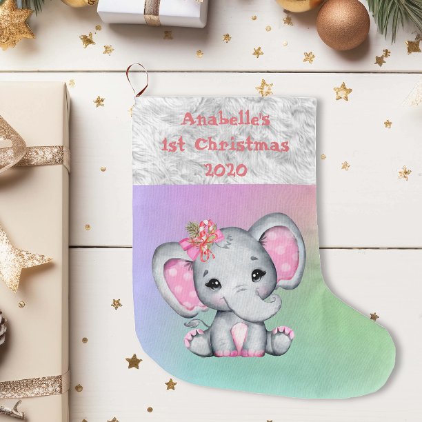 Baby 1st Christmas Pink Elephant Large Christmas Stocking