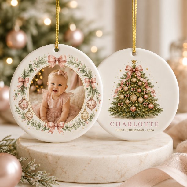 Baby Girl Pink First Christmas Bow Photo Ceramic Ornament