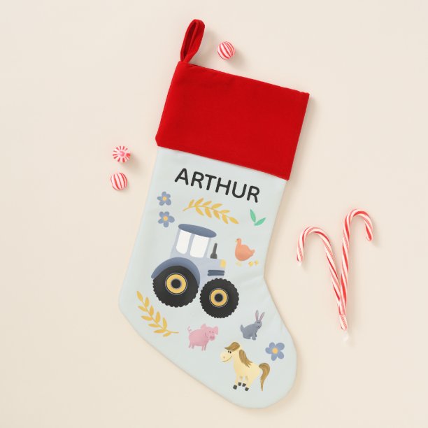 Boys Cute Blue Rustic Farm Animals & Tractor Kids Christmas Stocking