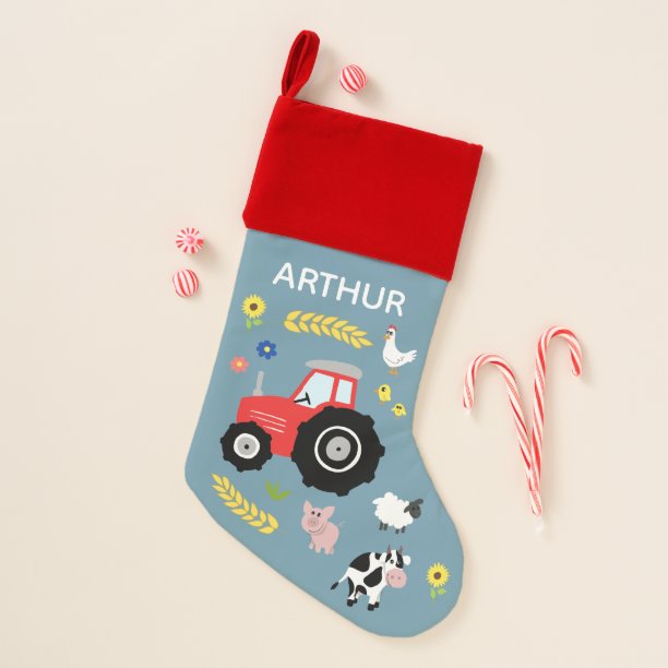 Boys Cute Rustic Farm Animals & Tractor Name Kids Christmas Stocking