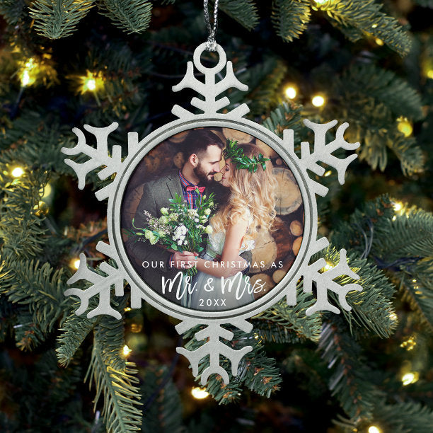 Brush Script First Christmas as Mr. & Mrs. Wedding Snowflake Pewter Christmas Ornament