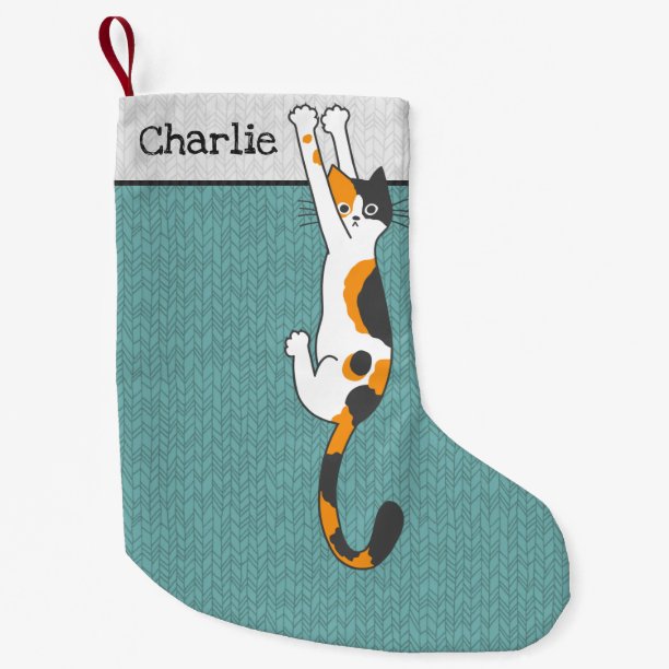 Calico Cat Hanging On Funny Cat Holiday Xmas Small Christmas Stocking