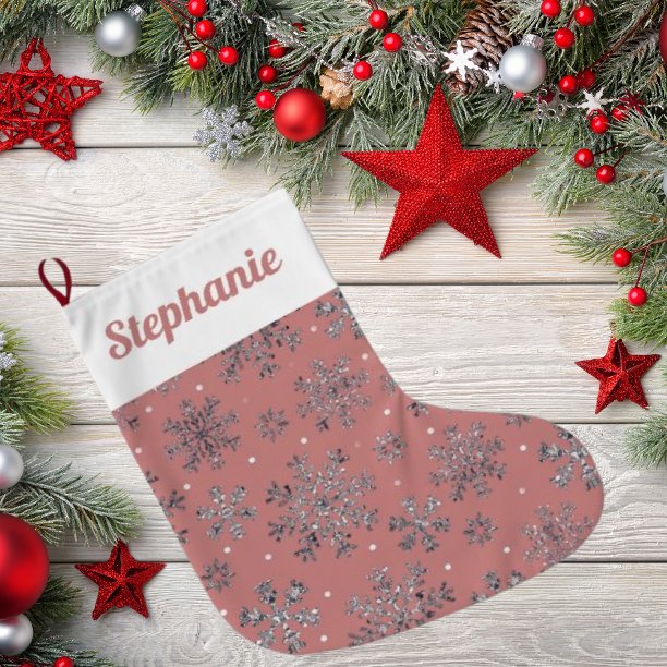 Chic Rose Gold Christmas w/ Elegant Snowflakes Large Christmas Stocking