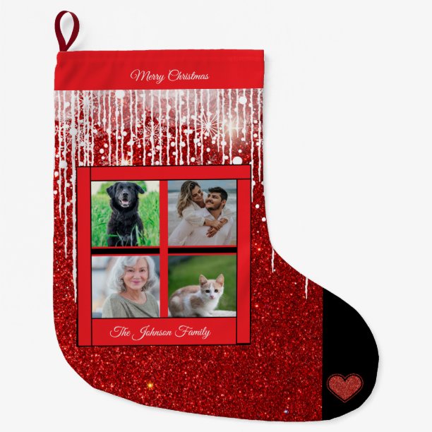 Christmas Family Name Photo Collage Red Large Christmas Stocking