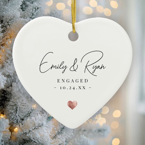 Couple Engagement First Christmas Rose Gold Heart Ceramic Ornament