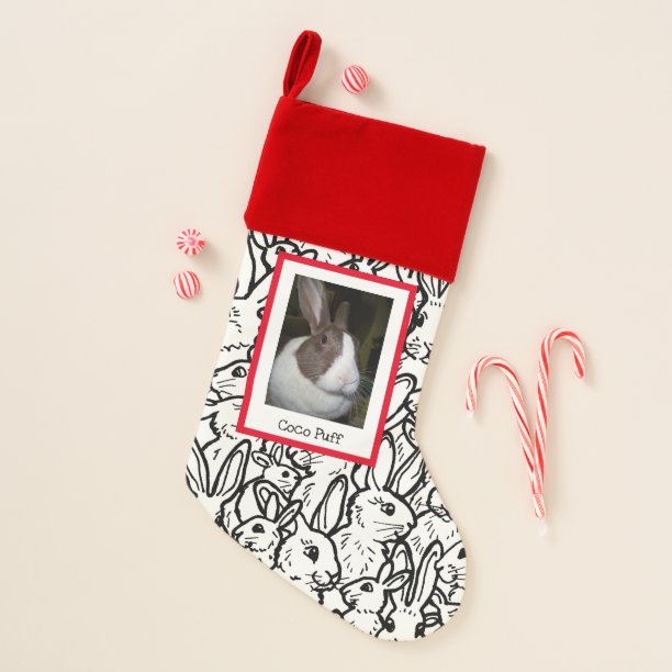 Custom Pet Photo Rabbit Design Art Black & White Christmas Stocking