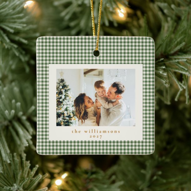 Cute Green Gingham Plaid Custom Photo Christmas Ceramic Ornament