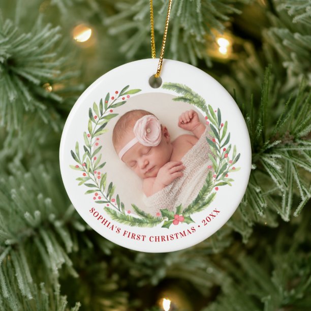 Elegant Wreath First Christmas Photo White Ceramic Ornament