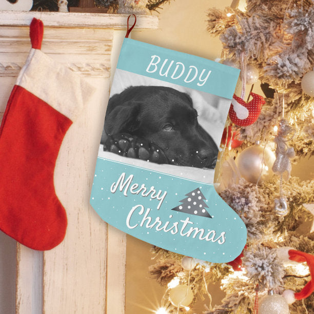 Festive Blue Dog Pet Name and Photo Large Christmas Stocking