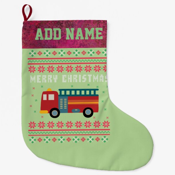 Fire Truck Ugly Christmas Sweater Large Christmas Stocking