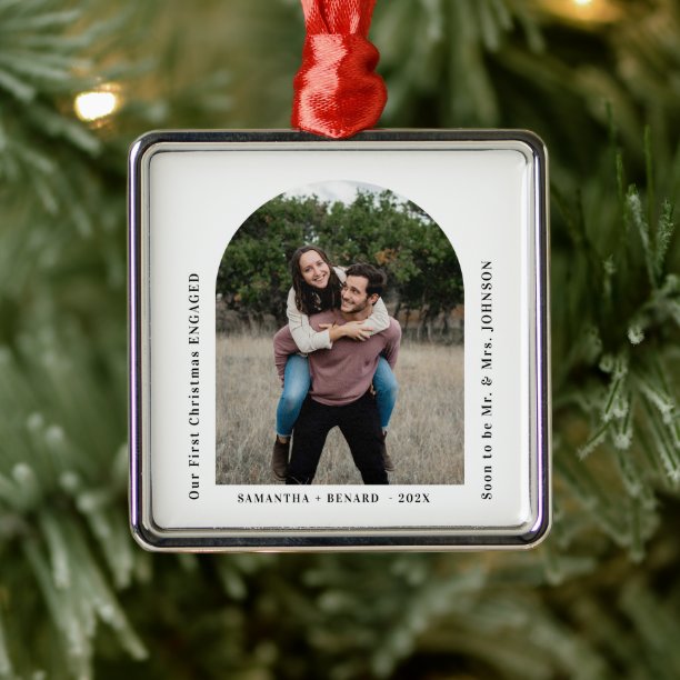 First Christmas Engaged Couples Photo Arch Metal Ornament
