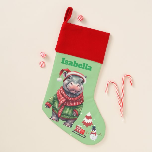 Fun Hippo Santa animal snowman Sled Xmas tree Christmas Stocking