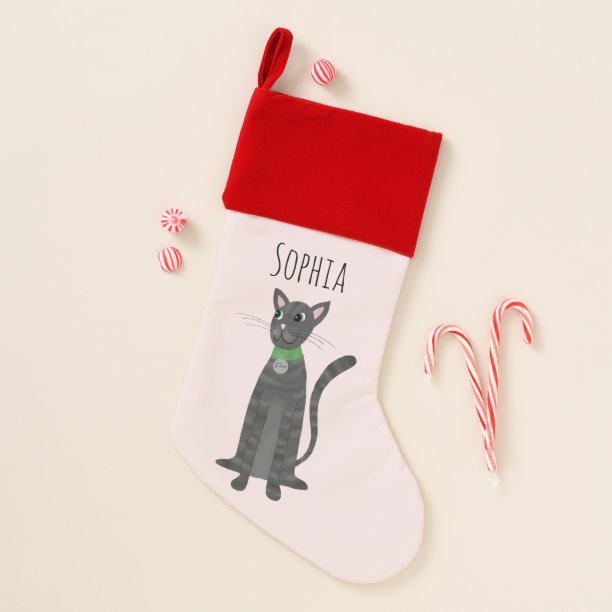 Fun Neutral Cute Gray Tabby Cat Cartoon Name Kids Christmas Stocking
