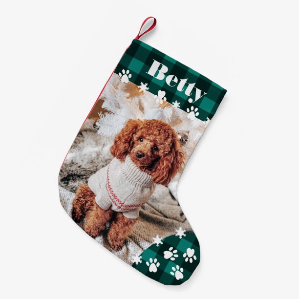 Funny cute green dog pet photo Christmas plaid Small Christmas Stocking