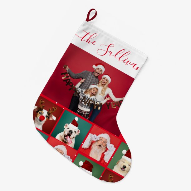 Funny Family Photo Collage Name Red Christmas Large Christmas Stocking