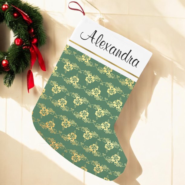 Gold Foil and Green Hawaiian Tropical Flowers Small Christmas Stocking
