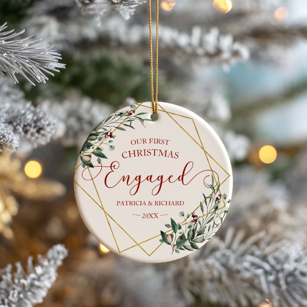 Greenery Geometric Our First Christmas Engaged Ceramic Ornament