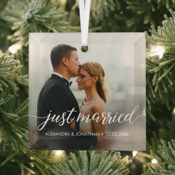 Just Married first Christmas Custom Photo Names Glass Ornament
