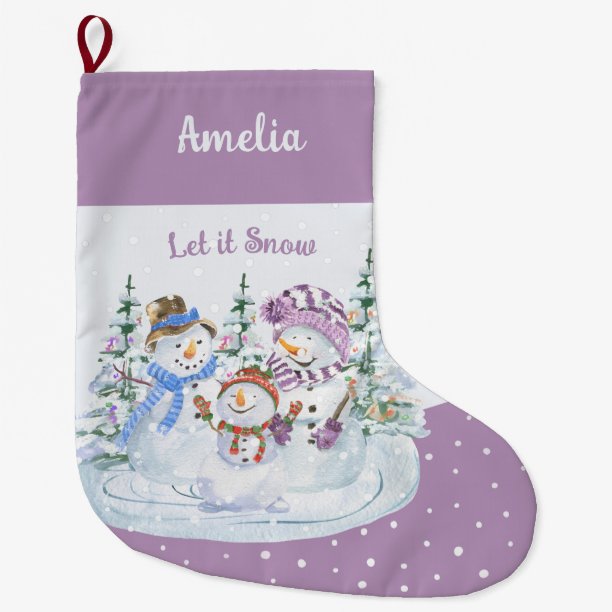 Let it Snow Happy Snowman Family Lavender Large Christmas Stocking