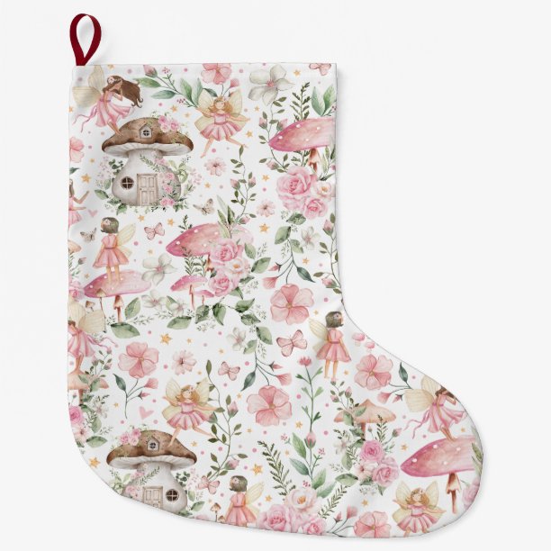 Magical Forest Fairy Pink Floral Garden Large Christmas Stocking