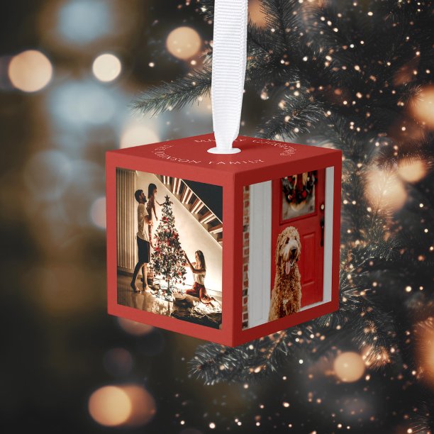 Merry Christmas Family Photo Cube Red Ornament