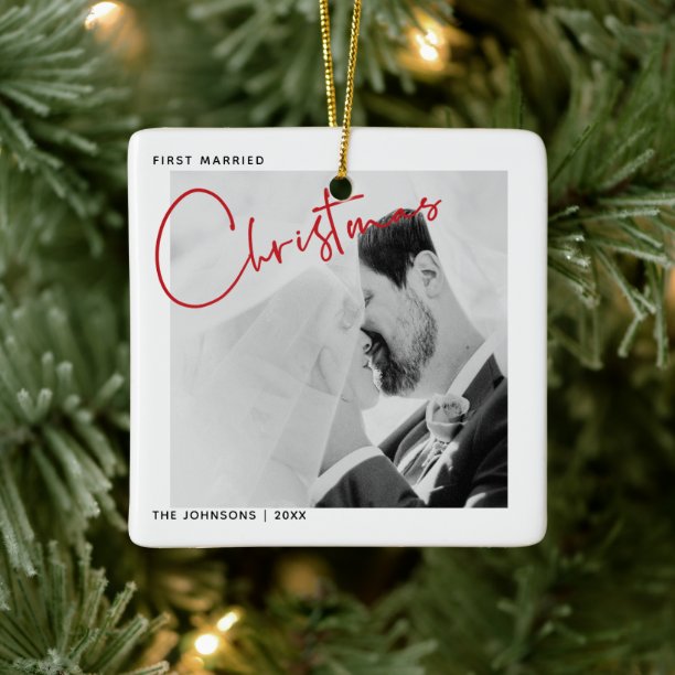 Minimalist First Married Christmas Script Photo Ceramic Ornament